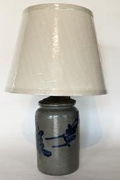 E293 19th century Pennsylvania stoneware jar, with strong cobalt decoration in a great pattern. Piece in good condition. made into a lamp, Measurements with shade 18" tall diameter of shade is 12"