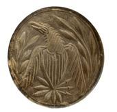 K1651 19th century Pennsylvania butter print stamp depicting a deeply chip-carved Eagle with shield detailed chest and holding three arrows in talons surrounded on each side by stalks of leaves. A series of raised and incised lines encircle the tapered outer edge of the back of this stamp. Handle retains prominent hand-hewn marks. Dry, natural patina surface. Measurements: 4 ¼ diameter x 2 tall.