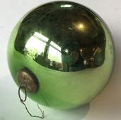 E515 Beautiful antique Kugel greem Metallic Mercury Glass Ball Ornament with original German Cap. Some discoloration, as shown, but no chips or cracks. 15" in circumference.