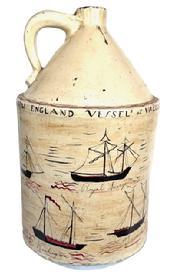 RM1587 - Large stoneware jug with hand painted Military Nautical Scene depicting named Revolutionary War ships present during the Battle of Valcour Island on October 11, 1776, with the American forces being Commanded by Benedict Arnold. Approximate measurements: 11 &frac14;� bottom diameter x 19 &frac14;� tall. 
