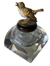 L7 Early 20th century , large cut crystal inkwell with highly detailed figural cast gilded bird on hinged lid. Circa early 1920s. Great condition. Overall measurements: 2 ½ x 2 ½ x ~3 ¼ tall. The bird measures approximately 1 ¾ long x 1 wide x 1 ¼ tall .