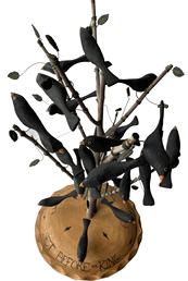 F183 Great piece of Americana, 24 hand crafted black birds, resting a on a limb, in a Pie "Four and twenty Black birds setting before the King Signed and dated by maker M. Dallas