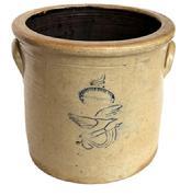 RM1613 19th century New England stamped Two Gallon Stoneware Crock with Eagle and Flag Decoration. Straight sided salt-glazed crock with applied handles, stamped 2 Gardiner Stone Ware Manufactory
. This Stone Ware Manufactory was located in Gardiner, Maine from 1876-1892. Measurements: 9 ¾ top diameter x 8 ¾ tall.