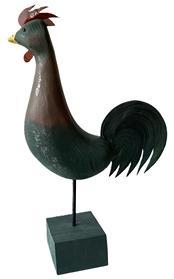 **SOLD** Signed Pennsylvania Folk Art hand carved and hand painted solid wooden sculpture of Rooster with glass eyes and tail feathers, comb and waddle constructed of shaped and painted tin. Signed �E T Pfoutz '02� on bottom. Mounted on a wooden base for display purposes.  The wood is pine. Evidence of an early glued repair to the very tip of beak. Overall mounted height is 19 &frac14;� tall. Approximate measurements of rooster itself: ~14� long x ~3� wide x 12� tall.   
