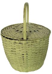 E570 Feather Basket. split wood, with a wonderful green paint. It is round in shape with a attached lid. The bottom is a hatch design. The handle is hand planed bent wood.The basket is sturdy in form. The splint is well woven and looped at the top of basket around the top rim. No nails or staples.Approx Size: Basket stands 16" H. x 12 1/2" W
