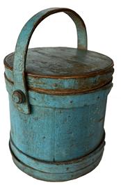 F206 - Stuning Robin Egg Blue painted firkin with steamed and bent finger lapped joints with tiny square nails and copper tack construction. Age appropriate patina inside. Measurements: 9 1/2" tall x 9" top diameter