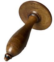 K195C Wooden Sock Darner - possibly Shaker - bearing faint remnants of black painted bands around the top and bottom of the threaded handle as well as along the edge of the top. Mushroom shaped top bears wear from many years of use. The wood appears to be maple with a lacquered finish. Measurements: 2 5/8 diameter (top) x 4 ½ long