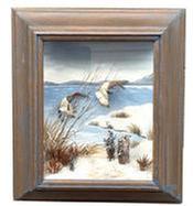 M67 Diorama of two Canvasback ducks in a serene snow-covered natural streamside setting. The Drake (male) and Hen (female) are both in flight, with wings in position of preparing to land. Frame bears scant remnants of original blue paint. Signed on back "Original by R.G. Rodell Canvas Back". Extremely detailed in the decoy carvings, as well as the setting depicted around them. Maker is known to use balsa wood for his carvings and curved backgrounds and he incorporates a hand oil-painted background with dried live plant materials to create a natural vegetation setting for his decoy creations. Circa late1930's. Overall dimensions of the diorama are 14 ¾ tall x 12 ¾ wide and the beautiful oak case is 3 3/8" deep. The viewing area (glass) measures 9 5/8 tall x 7 ½ wide.