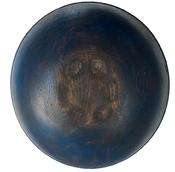 E186 19th century wooden lathe turned bowl with the original indigo blue paint on the exterior, with natural patina on the inside, this bowl is thick wood and heavy with no cracks or splits, with a nice wide band around top, out of round It measures 17 1/4" x 16" diameter x 5 1/4" tall