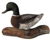 E470 Miniature hand carved Mallard L.W. Stevens Windham Maine mounted on a piece of birchwood 5" long x 9" tall