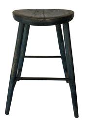 L23 Early 19th century Windsor Stool from New England, saddle seat is 14" diameter, heavily carved and worn, chamfered outside, early blue over the original blue paint . bamboo turning. Great splayed legs 26 1/2” tall