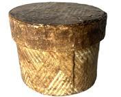 K252 19th century small round wallpaper box from a Pennsylvania collection. Pasteboard construction covered on the outside with a geometrical print wallpaper with plain paper lines the interior. Sturdy with a tight-fitting lid. Measurements: 3 ¾ diameter x 2 5/8 tall.