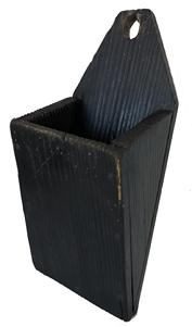 E364 19th century North Carolina Wall Box / Pipe Box with the original black paint, square head nail construction, the wood is yellow pine. Measurements are:13 1/2" tall x 4" deep x 6" wide