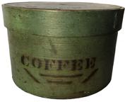 E552 19th century painted pantry box "Coffee" original paint. Circa 1870-1880: Measuring 7"W x 41/2"H, this hefty thick-walled pantry box in its original coat of green paint with black letting " Coffee" . The box is in excelllent condition and retains its original hand cut square wooden pegs around the lid.and base