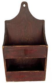 **SOLD** RM1516 Pennsylvania original red painted double wall box with shaped ends and a tall, shaped back with a hole for hanging purposes. Mixed nail construction. Circa 1850s 1870s. Measurements: 11 wide x 6 ½ deep x 20 ½ tall