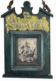 **SOLD** RM1532 Folk Art wooden Sign advertising "The Shipwreck Est. 1786". Original painted surface with a sinking ship painted in the center that is framed by decorative molding. Nice, architectural cut out top. Very heavy, solid wood with old iron hooks for hanging purposes. Found in a New Jersey collection. Measurements: 18" wide x 1 3/4" thick x 26 3/4" tall