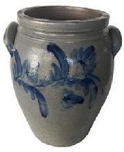 **SOLD** L220 19th century mid-Atlantic cobalt blue decorated 4-Gallon Stoneware Crock. Ovoid shape with tooled shoulder, grooved collar with squared rim and applied lug handles. Prominently stamped 4 beneath one of the handles. Fantastic hand brushed Cobalt flowers and leaves encircle the crock along the shoulder and below the handles. Circa 1840s-1860s. Measurements: 8 diameter (bottom) x 8 ¼- 8 ½ diameter (top) x 14 ½ tall