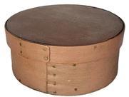 L468d 19th century New England original Taupe painted pantry box with natural patina interior. Steamed and bentwood sides secured to the top/bottom with tiny square head nails. Overlapping joints secured with copper tacks. Measurements: 6 diameter (top) x 5 ¾ diameter (bottom) x 2 ½ tall.