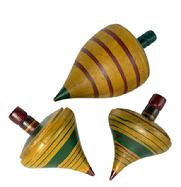 M119 Group of three late 19th century to early 20th century turned wood spinning tops with original mustard, green and red hand painted surfaces. All three are solid wood. The two smaller ones measure ~4 ½ tall and the largest measures ~6 ¼ tall.