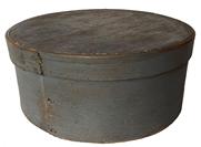 C205a 19th Century bentwood pantry box with tacked joint in original pewter gray paint. Measurements: 7 3/4" diameter x 3 3/8" tall
