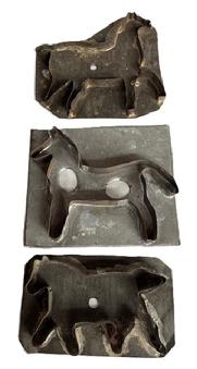 M15C Group of three (3) flat backed tin cookie cutters featuring various silhouettes of Horses. All solder joints are secure. The largest of this group measures ~ 6 ½ wide x 5 ½ tall and the smallest in this group measures ~ 6 1/8" wide x 3 ¾ tall.