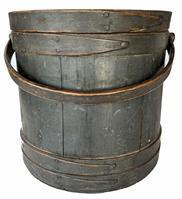 H450 Early 19th century New England covered wooden Firkin retaining original dark green paint. Nice dry, original painted surface.