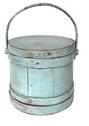 **SOLD** L248 19th century wooden firkin with staved sides and steamed and bent handle secured with wooden pegs bearing original old pale blue painted surface. The finger lapped bands are secured with copper tacks. Very sturdy. Great natural patina inside. Measurements: 9 ½ bottom diameter x 9 top diameter x 8 ¾ tall.