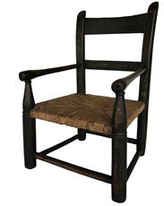 F1 Child's Ladder Back Armchair, Slat Back with original green paint Shenandoah Valley Virginia, 18th Century. Chair retains its original rush seat. Measurements: 18” tall x 12” wide x 10” deep