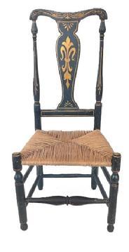 L68 Early 19th Century New England Banister Back Chair with rush seat boasting black painted and gold decorated surface over Wonderful turned legs with bulbous front stretcher and vasiform back slat. Measurements: 15 ¼ deep x 19 ¼ wide (front) x 14 1/2 wide (back) x 40 tall (back). Seat height is 16 ½.