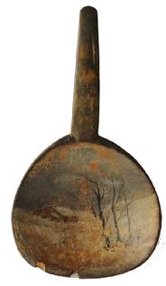 D15 19th century antique treen butter paddle with a desirable folk art hand painted cabin and trees