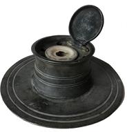 E166 18th century Pewter ships inkwell, fitted with six quill holes and original porcelain liner. The wide base prevents ink spillage.7" diamter x 2" tall