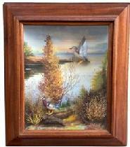**SOLD** G608 Diorama of two wood ducks in a natural streamside setting. The male is standing on a piece of driftwood, the female is in flight, with wings in position of preparing to land. Signed on back "Original by R.G. Rodell - Wood Duck"