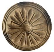 K60 19th century chip-carved butter print stamp of Pennsylvania origin boasting a deeply carved Sunflower design. There is a very small, tight surface age crack visible. Very dry, natural patina surface. Carved from a single piece of wood. Measurements: 3 1/2" diameter x 3" tall
