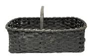 **SOLD** RM1637 Small Melon Basket with steamed and bent twig handle bearing old black over original green painted surface. Tightly woven oak rib and splint construction with single wrapped rim boasting the "Eye of the Wind God" weave on each side of the handle.
