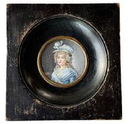 M86 Exceptional miniature Portrait of a beautifully coiffed haired lady in a blue dress with shawl and matching hat - signed G. Capet. The details are exquisitely lifelike! The artist, Marie Gabrielle-Capet (1761-1818), excelled as a portrait painter and is known for her miniature paintings, oil paintings, watercolors and pastels many of which are housed in the Louvre Museum in Paris, France. Framed measurements: 4 ½ wide x ¾ deep from wall x 4 5/8 tall. The center painting area measures 2 diameter.