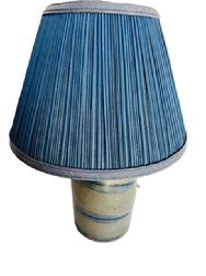 **SOLD** M60 19th century Western Pennsylvania stoneware striper canning crock jug lamp with three cobalt bands. The crock jug base measures 5 diameter base x ~10 tall. Overall height with shade included is ~17 tall.