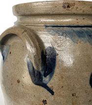F42 3 Gallon Stoneware Crock made and stamped by "P. Herrmann." This is the stamp of Peter Herrmann who made pottery in Baltimore, Maryland from 1850-1872. Cylindrical jar with tooled shoulder handles.