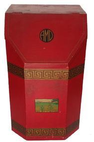 T242 This country store dispensing coffee box was a display item used to sell Coffee - . What is unusual about this particular coffee box is that it has a sceen painted on the front. The top of the box is slanted and hinged to allow access to the interior of the box.