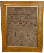 F122 Colorful hand wrought Sampler with four sets of alphabets in varying stitch styles with very intricate borders and row dividers. The maker stitched: “Sarah Karpham wrought this December 30 1797 Aged 10 years”