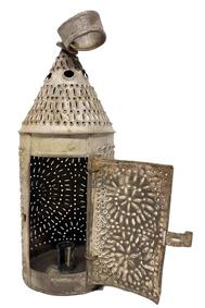 M252 19th century punched tin Lantern retaining original worn, gray painted surface. Symmetrically punched and pierced patterned designs consisting of dots and dashes, along with circular holes in conical top for venting purposes. Door, which is hinged with wire loops, opens freely for easy access to interior candle socket and retains its original working hasp closure (loop is missing on cylinder). Attached round metal handle at the top for carrying / hanging. Found in Pennsylvania. Measurements: ~15 tall (including ring) x 5 1/8 diameter.