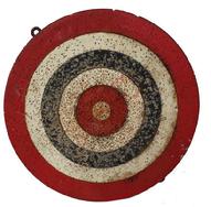 RM541 Early Patriotic wooden red white and blue original painted folk art, two-sided dart board. The two-sided dart board has seen much use, and one side has more wear than the other. (circa 1900)
