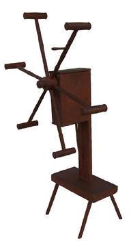 X529 19th century six arm wooden Yarn Winder, four legs supporting a platform and frame, wooden gear shaft enclosed in a box frame dry surface,