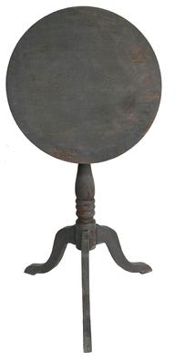 E700 Late 19th century walnut candle stand, round tilt top resting on a banster turnded pedestal on a tri pod legs, which is dovetailed into the base of the pedestal. .Retaining old grey paint Measurements are:19" diameter x 28"