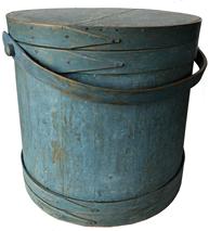 E90 19th century Covered Wooden Firkin, in the original dry blue paint, tongue and groove softwood staved sides, tapered lap joint wooden bands, bent wood handle with wood peg attachments, 14" tall. x 14 1/4"dia, top 15 1/4" bottom