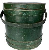 B422 New England original dry green painted Wooden Firkin, with W. Sugar ( white Sugar) on top, tongue and groove softwood staved sides, tapered lap joint wood bands, bent wood handle with wood peg attachments,