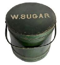 B422 New England original dry green painted Wooden Firkin, with W. Sugar ( white Sugar) on top, tongue and groove softwood staved sides, tapered lap joint wood bands, bent wood handle with wood peg attachments,