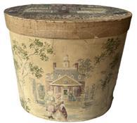 K1570 Exceptional mid-19th century Pennsylvania identified and dated Wallpaper hatbox / bandbox with wallpaper covered exterior depicting a large estate with people enjoying the gardens and playing yard games. A very detailed hand-painted scene of St. Paul Academy for Girls on the top of the lid. Writing below the scene reads: RESIDENCE OF ST. PAUL ACADEMY FOR GIRLS NO. 26 ARCH ST. SCRANTON PA MADE BY ELIZA FAIRMAN HER 2ND YEAR 1858 The clean interior is lined with pages of The Scranton Republican (Scranton, Pennsylvania) newspaper dated January 21, 1858. A photograph of a well-dressed woman with Love, Mother handwritten on the front is attached to the interior center of the lid and surrounded with a make-shift medallion with delicate, handsewn silk pansy blossoms attached to three of the corners. Several clippings of drawings/prints are also found attached inside the box. Well preserved in great condition! Measurements: 14 ¼ x 11 1/8 oval x 12 ¼ tall.