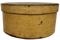 E587 19th century hard to find Pantry Box with the original beautiful dry mustard paint, heavy construction, bent wood round form with nailed lap joint ,Measurements are: 9" x 4 1/2"