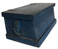 RM907 Miniature 19th C. American Whaler's, Seaman's or Sailor's Nautical Sea Chest. A Traditional 19th Century Blue painted Sea Chest constructed of 6-board pine wood with canted sides and the original leather hinges. The lid has pegged front & side skirts for strength. The ropes are fastened through vertical wooden blocks. Measurements are: 9 1/2" wide, 4 3/4" deep, 3 1/2" tall