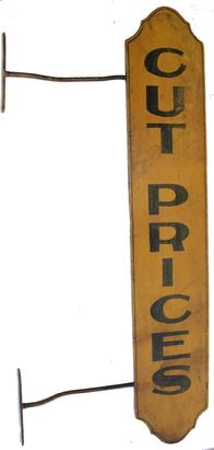 C337 19th century Texas Painted Goldthwaite trade sign, two sided ca. 1880 -1890 painted on one board, with painted black letters on a yellow back ground , double sided, surmounted by a painted black, pinstripe and wrought iron hanging mechanism.